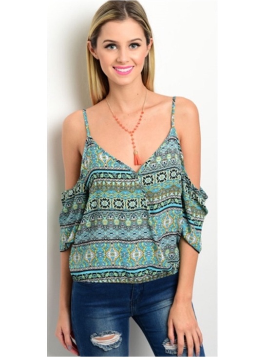 delicate Tops - Boho Cold Shoulder Top Teal Tribal Print Flowy Spaghetti Strap Blouse